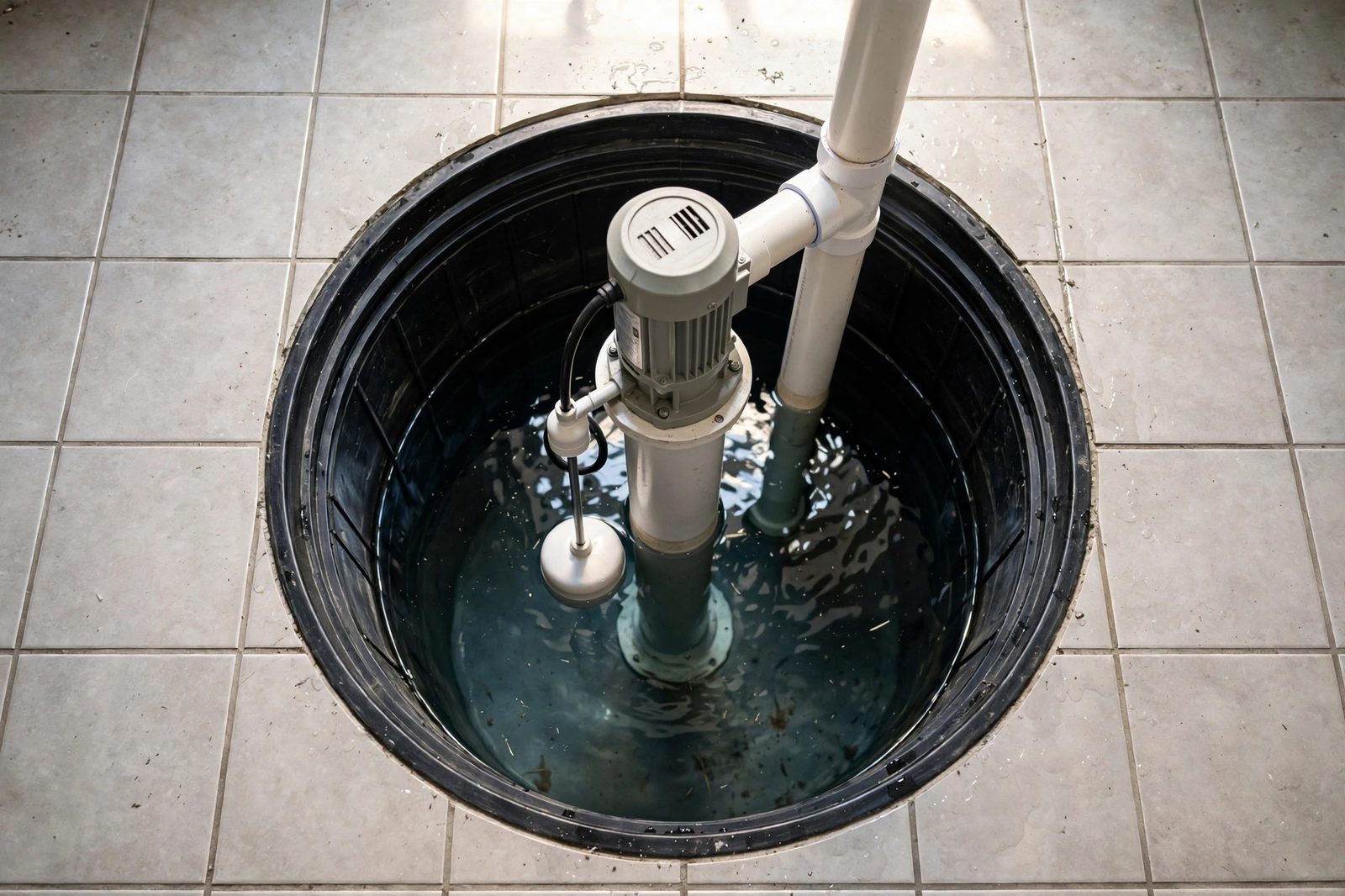 Overhead view down into a clear water-filled sump pump pit with a pedestal pump, float switch, and white discharge pipe