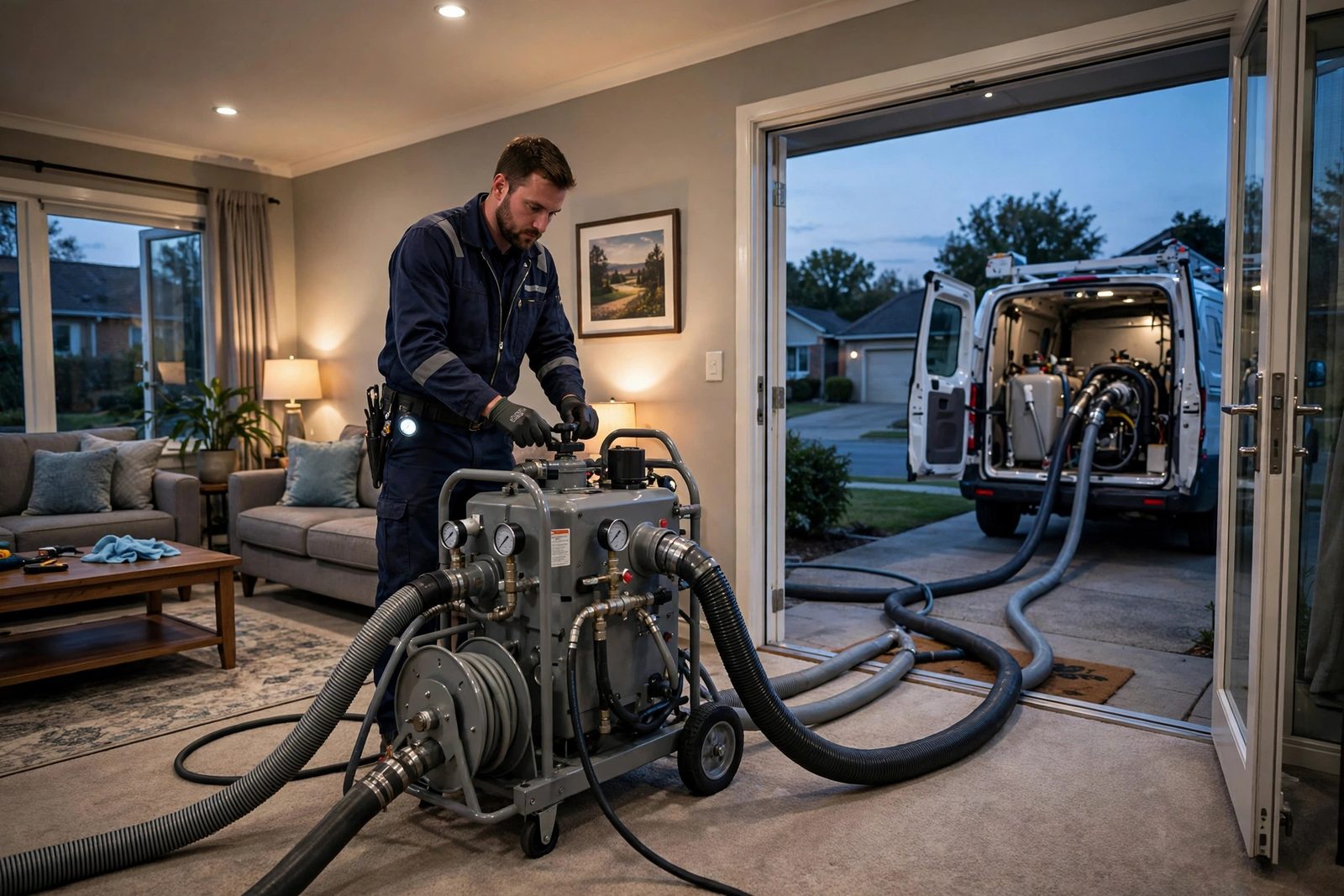 Technician operating a truck-mounted extraction unit in a carpeted suburban living room at dusk