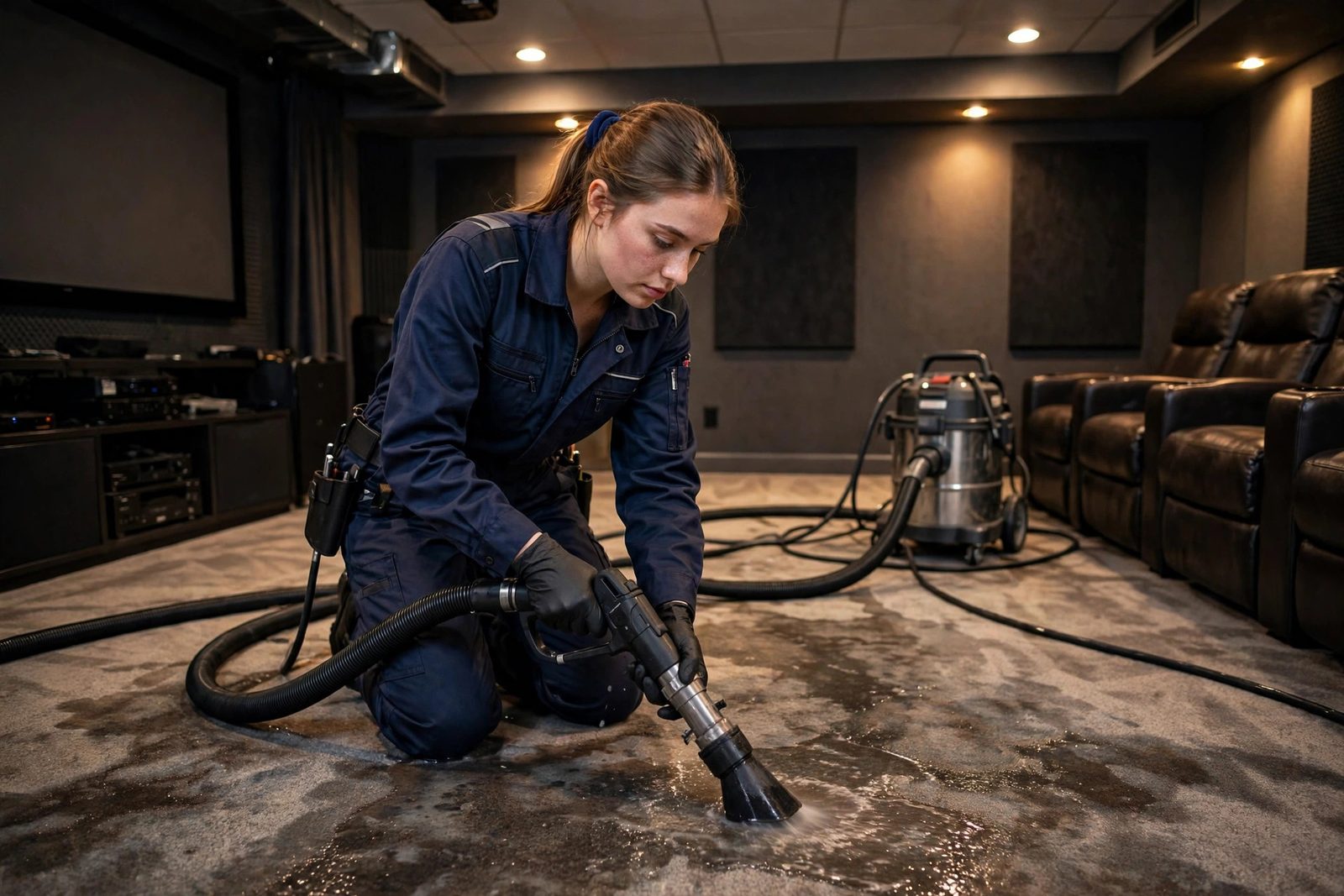 Young woman technician extracting water in a finished basement home theater room