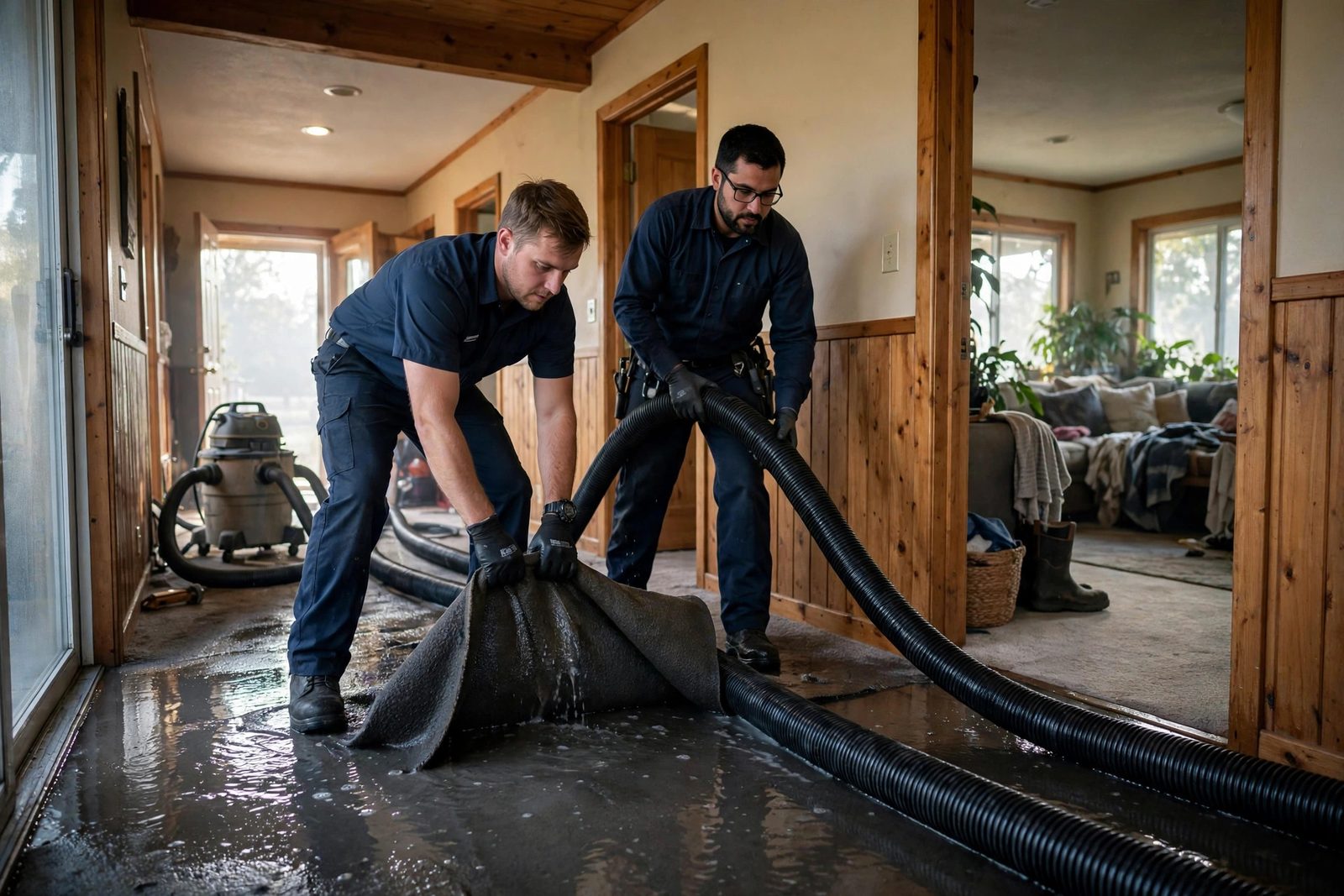 Two technicians running extraction hoses through the hallway of a ranch-style home at dawn