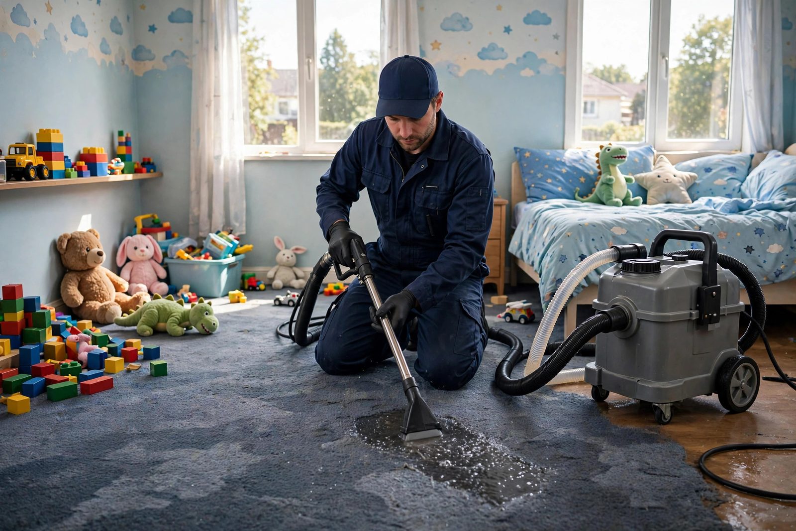 Technician extracting water from soaked carpet in a child's bedroom in daylight