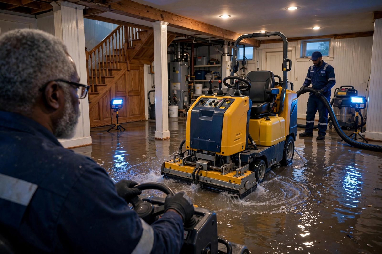 Senior Black technician in navy uniform guiding a ride-on floor extractor through a flooded Colonial home basement at dawn