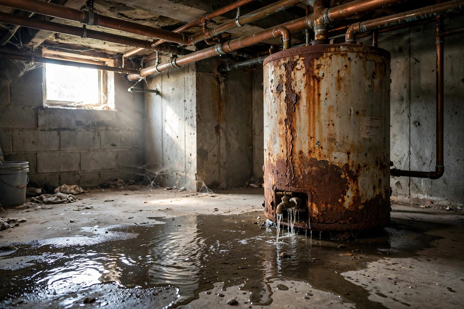 Rusted water heater leaking from its base valve with a puddle spreading across a basement utility room floor