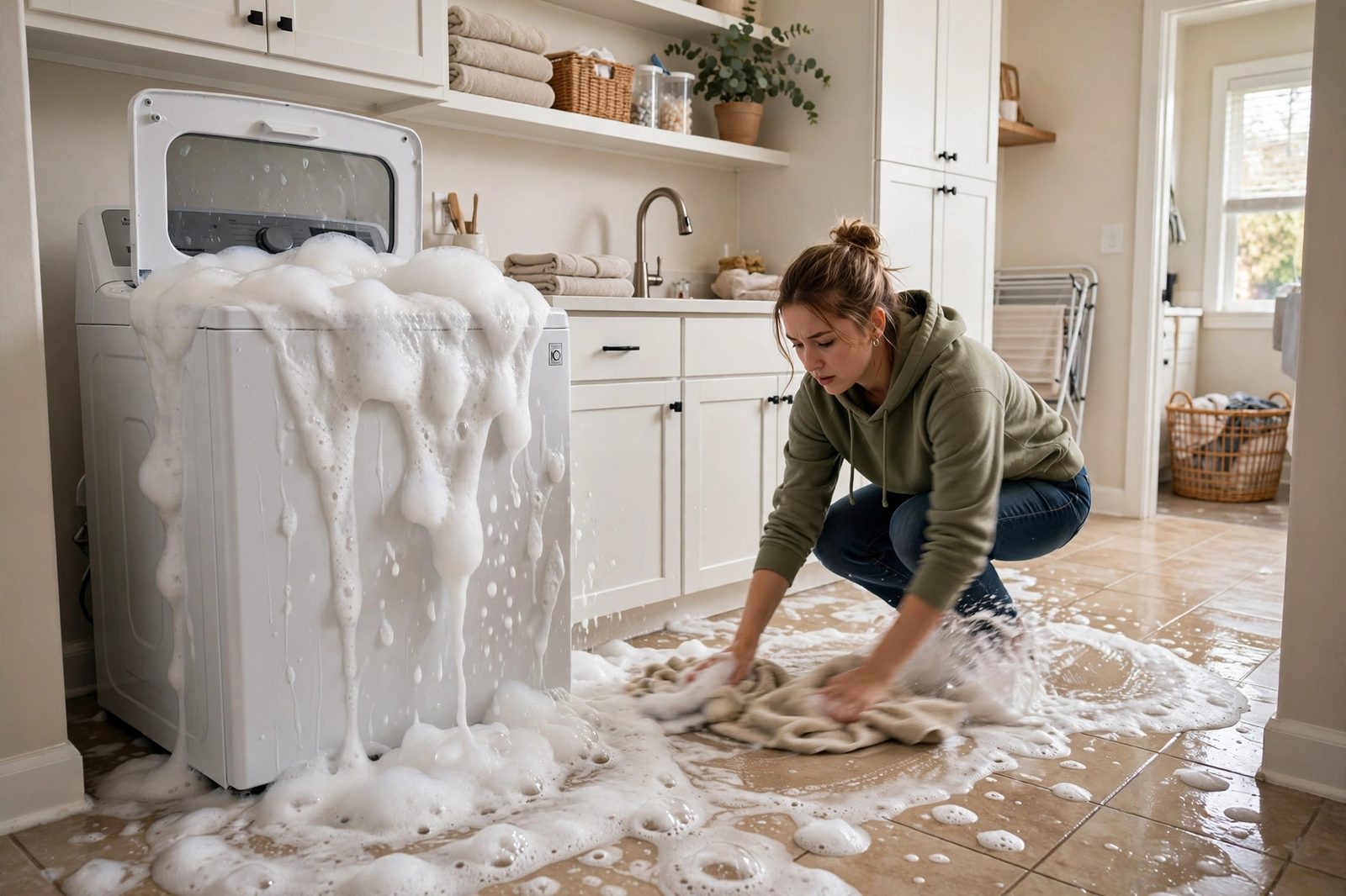 Overflowing top-load washing machine spilling sudsy water onto a tile laundry room floor while a woman mops it up