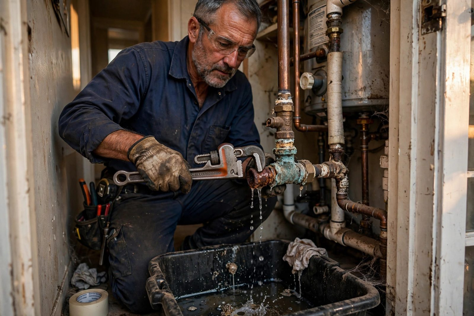 Plumber replacing a corroded water heater inlet valve with a pipe wrench in a cramped apartment utility closet