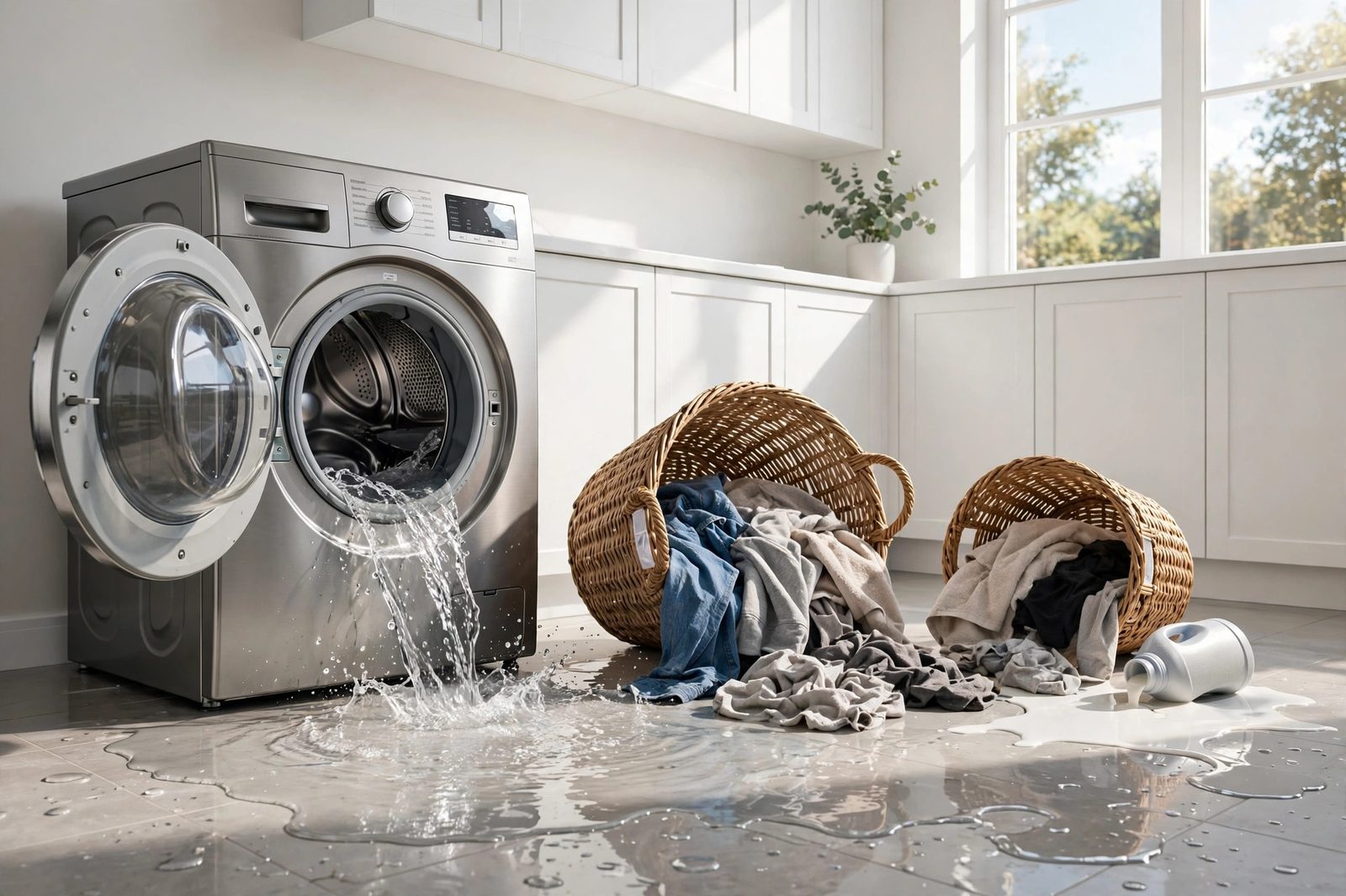Front-load washing machine with its door open and water pooled across a bright modern laundry room floor